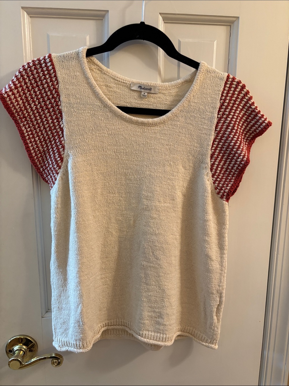 Madewell Cream Tee with Red Patterned Sleeves